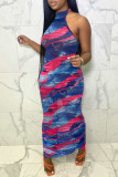 Orange Fashion Sexy Print Backless Halter Sleeveless Dress Dresses
