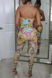 Pink Sexy Casual Print Backless Strapless Skinny Jumpsuits