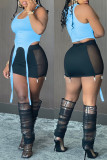 Blue Sexy Solid Patchwork See-through U Neck Sleeveless Two Pieces