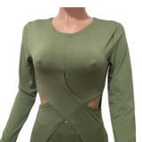 Army Green Elastic Fly Mid Hooded Out Split Skinny shorts Two-piece suit