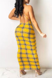 Gold Fashion Sexy Print Backless Spaghetti Strap Sleeveless Dress