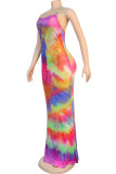 colour Fashion Sexy adult Ma'am colour Spaghetti Strap Sleeveless Slip Hip skirt Floor-Length Print backless Dresses