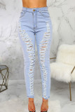 Baby Blue Sexy Solid Ripped High Waist Skinny Denim