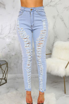 Baby Blue Sexy Solid Ripped High Waist Skinny Denim
