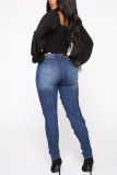 Dark Blue Casual Solid Ripped Buttons High Waist Regular Denim