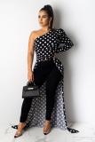 White One Shoulder Collar Long Sleeve asymmetrical Dot Print Slim fit Patchwork Long Sleeve Top
