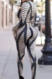 Grey Elastic Fly Long Sleeve Mid Print Patchwork pencil Capris Jumpsuits & Rompers