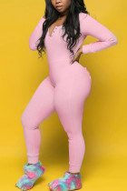 Pink Casual Solid Patchwork Buttons O Neck Regular Jumpsuits