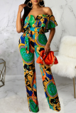 Multicolor Sexy Print Patchwork Off the Shoulder Straight Jumpsuits
