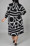 Black Casual Print Patchwork Turndown Collar Shirt Dress Plus Size Dresses