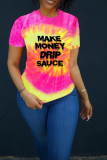 Rose Red Street Patchwork Tie-dye O Neck T-Shirts