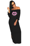 Black Casual Off The Shoulder 3/4 Length Sleeves One word collar Straight Ankle-Length Print Casual Dress