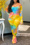 Colour Sexy Patchwork Tie-dye Off the Shoulder Boot Cut Jumpsuits