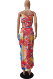 Red Sexy Print Hollowed Out Spaghetti Strap Pencil Skirt Dresses