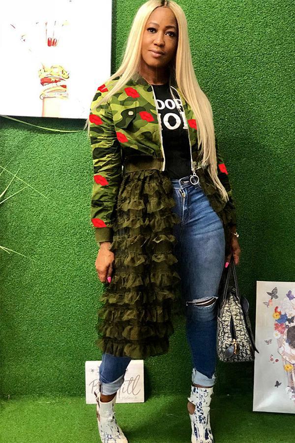 Camouflage O Neck Lips Print Patchwork Camouflage Mesh Leopard Zippered Patchwork Long Sleeve 