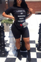 Black Casual Letter Print Fluorescent Straight Short Sleeve Two Pieces