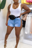 Baby Blue Sexy Solid High Opening Mid Waist Skinny Denim Shorts