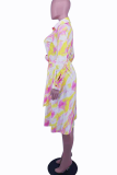 Red Casual Print Patchwork Turndown Collar Shirt Dress Dresses