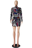 Dark Blue Casual Print O Neck Wrapped Skirt Dresses