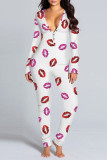 Decorative Pattern Casual Print V Neck Skinny Jumpsuits