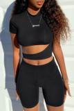 Black Fashion Casual Solid Hollowed Out O Neck Short Sleeve Two Pieces
