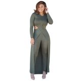 Army Green Elastic Fly Mid Hooded Out Split Skinny shorts Two-piece suit