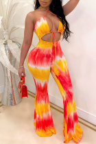 Red and yellow Fashion Sexy Print Patchwork bandage Tie-dyed Hollow Sleeveless Hanging neck Jumpsuits