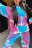 Blue Sportswear Spandex Blends Print Draw String Tie-dye Hooded Collar Long Sleeve Regular Sleeve Regular Two Pieces