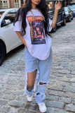 White Casual Print Patchwork O Neck T-Shirts
