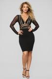 Black Sexy Fashion Cap Sleeve Long Sleeves V Neck Step Skirt Knee-Length Patchwork Print Club D