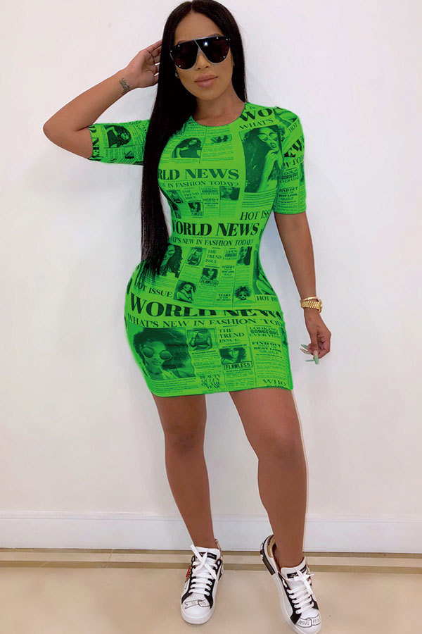 Green Sexy Cap Sleeve Short Sleeves O neck Step Skirt Mini Patchwork Print Club Dresses