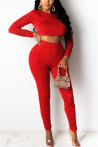 Red Fashion Sexy Adult Solid Fold O Neck Long Sleeve Regular Sleeve Short Two Pieces