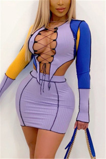 Purple Fashion Sexy Patchwork Hollowed Out O Neck Long Sleeve Two Pieces