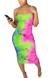Green Fashion Sexy Green multicolor Off The Shoulder Sleeveless Slip Pencil Dress Mid-Calf backless Tie and dye Dresses