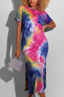 Blue Europe and America Short Sleeves O neck Pencil Dress Ankle-Length Print Tie and dye Dresses