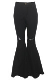 Black Denim Button Fly Sleeveless High Solid Patchwork Hole Boot Cut Pants 