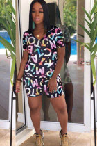 Multi-color Sexy Fashion Print Patchwork Straight Short Sleeve Two-Piece Short Set