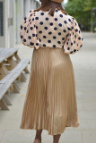 Apricot O Neck Puff sleeve Dot Patchwork Print asymmetrical Tops
