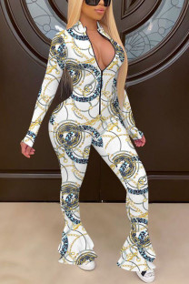 White Casual Print Patchwork O Neck Regular Jumpsuits