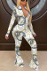 White Casual Print Patchwork O Neck Regular Jumpsuits