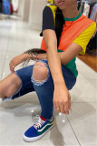 Blue Fashion Casual Patchwork Basic O Neck T-Shirts
