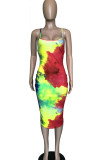 Green Fashion Sexy Green multicolor Off The Shoulder Sleeveless Slip Pencil Dress Mid-Calf backless Tie and dye Dresses