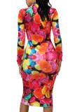 Yellow Fashion Casual Adult Print Patchwork O Neck Long Sleeve Knee Length A Line Dresses
