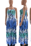 Blue Sexy Print Patchwork Spaghetti Strap Straight Dresses