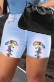 Baby Blue Casual Patchwork Draw String Mid Waist Skinny Denim Shorts