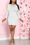 Black Sexy Party Gauze Pit Article Fabrics Patchwork Solid Patchwork See-through O Neck Long Sleeve Mini A Line Dresses