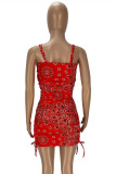 Rose Red Fashion Sexy Print Backless Spaghetti Strap Sleeveless Two Pieces