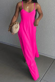Rose Red Sexy Casual Solid Asymmetrical Spaghetti Strap Long Dress