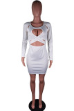 Red Twilled Satin Patchwork Solid Pierced Hollowed Out Patchwork Basic Long Sleeve Mini Wrapped Skirt Dresses