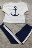 Dark Blue Casual Print pencil Long Sleeve Two Pieces
